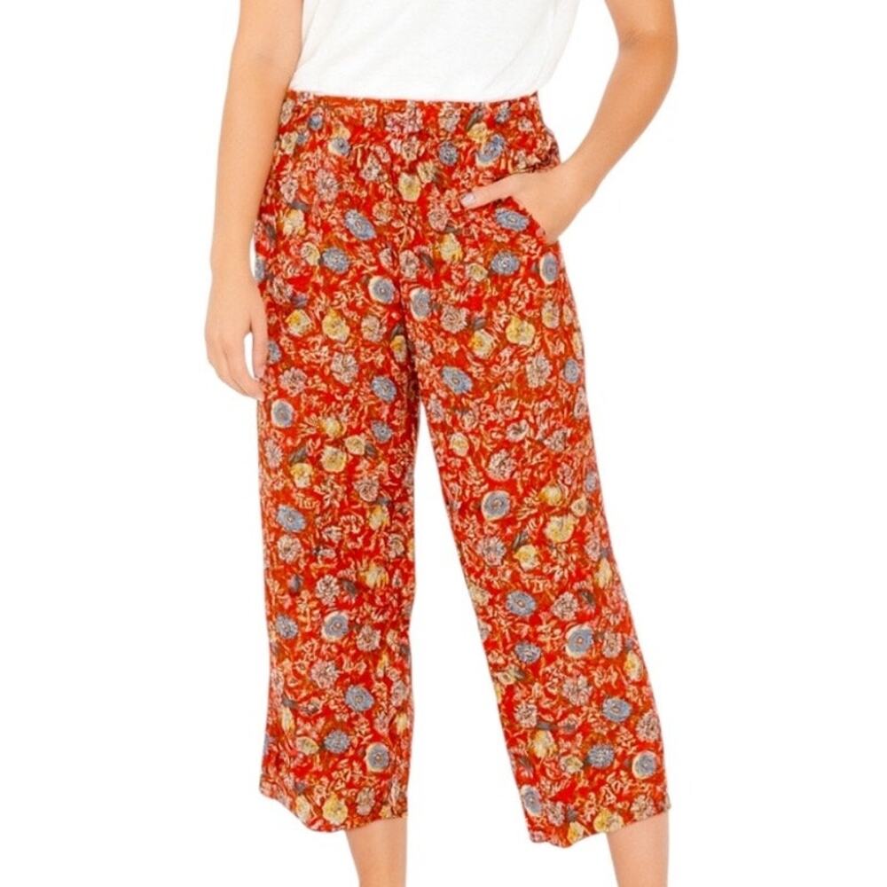 LOFT Pants Wide Leg Crop Elastic Tie Waist Orange Floral Women’s Size Medium